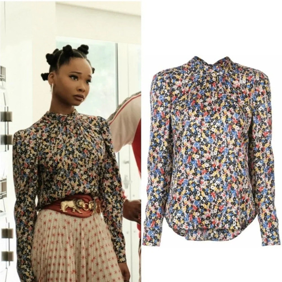 Veronica Beard Mena Gathered Floral Puff Sleeve Top Silk 0 Mock Neck - Picture 1 of 13